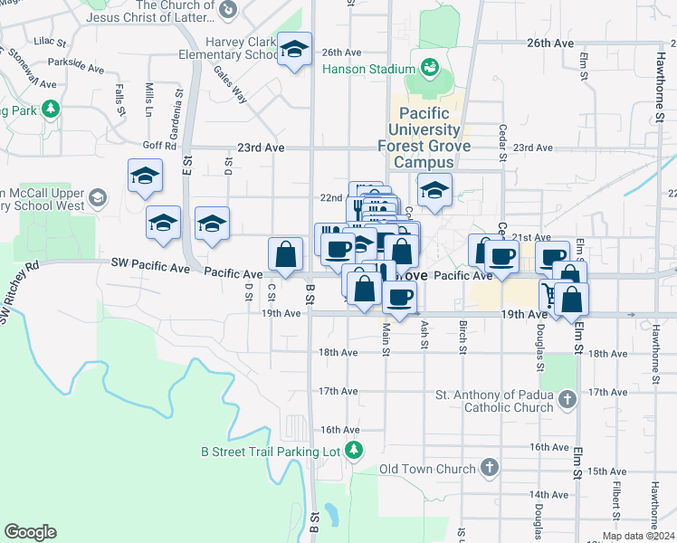 map of restaurants, bars, coffee shops, grocery stores, and more near 2040 A Street in Forest Grove