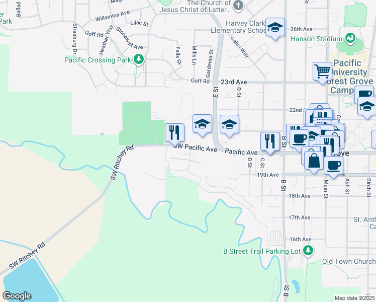 map of restaurants, bars, coffee shops, grocery stores, and more near 1286 Southwest Pacific Avenue in Forest Grove