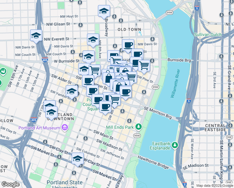 map of restaurants, bars, coffee shops, grocery stores, and more near 417 Southwest Harvey Milk Street in Portland