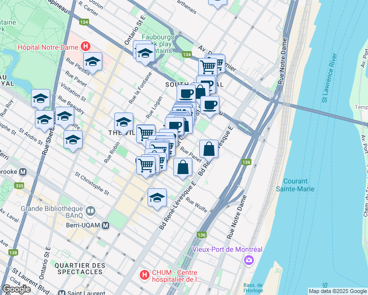 map of restaurants, bars, coffee shops, grocery stores, and more near 1305 Rue Panet in Montréal