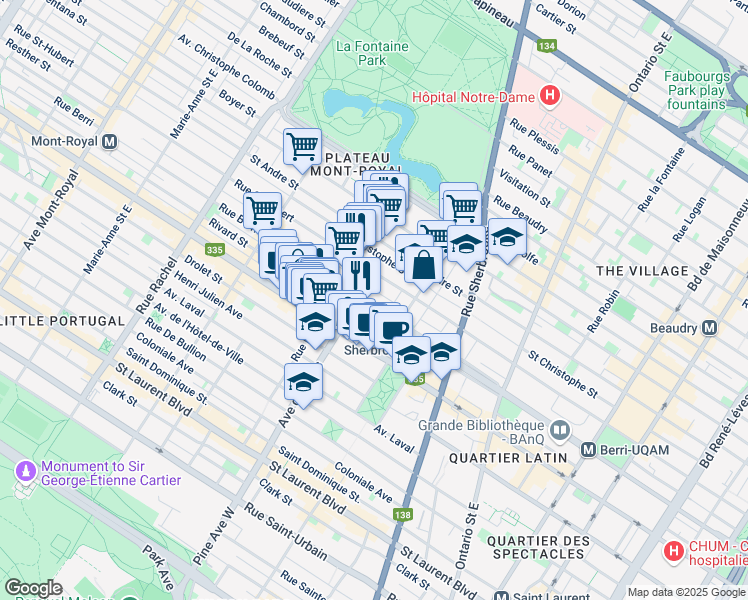 map of restaurants, bars, coffee shops, grocery stores, and more near 3717 Rue Berri in Montréal