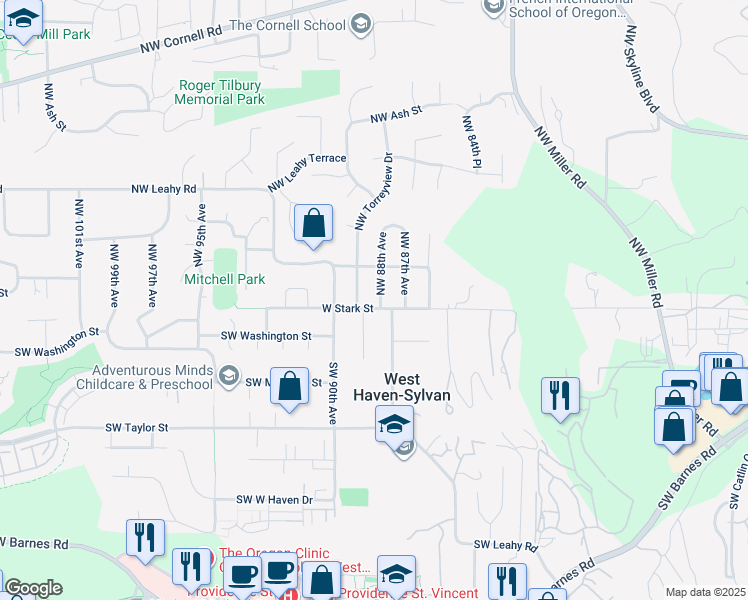 map of restaurants, bars, coffee shops, grocery stores, and more near 25 Northwest 88th Avenue in Portland