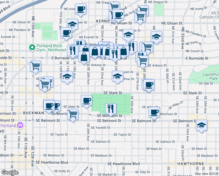 map of restaurants, bars, coffee shops, grocery stores, and more near 2232 Southeast Pine Street in Portland