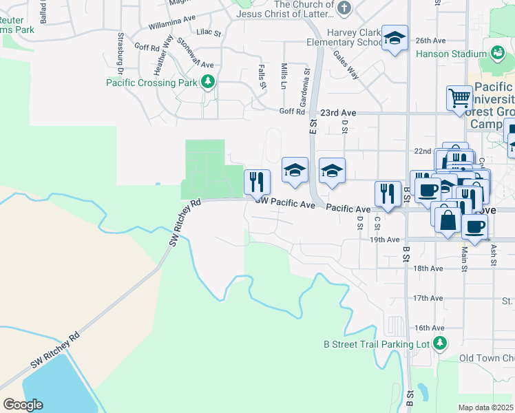 map of restaurants, bars, coffee shops, grocery stores, and more near 1286 Southwest Pacific Avenue in Forest Grove