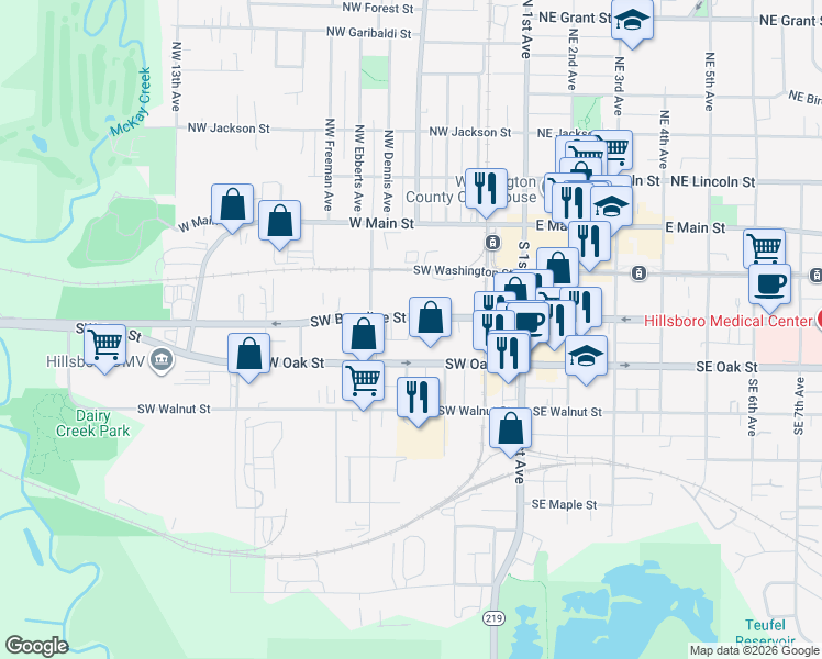 map of restaurants, bars, coffee shops, grocery stores, and more near 215 Southwest Adams Avenue in Hillsboro