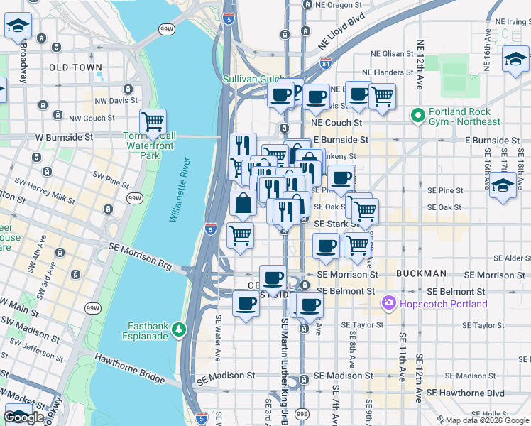 map of restaurants, bars, coffee shops, grocery stores, and more near 232 Southeast Oak Street in Portland