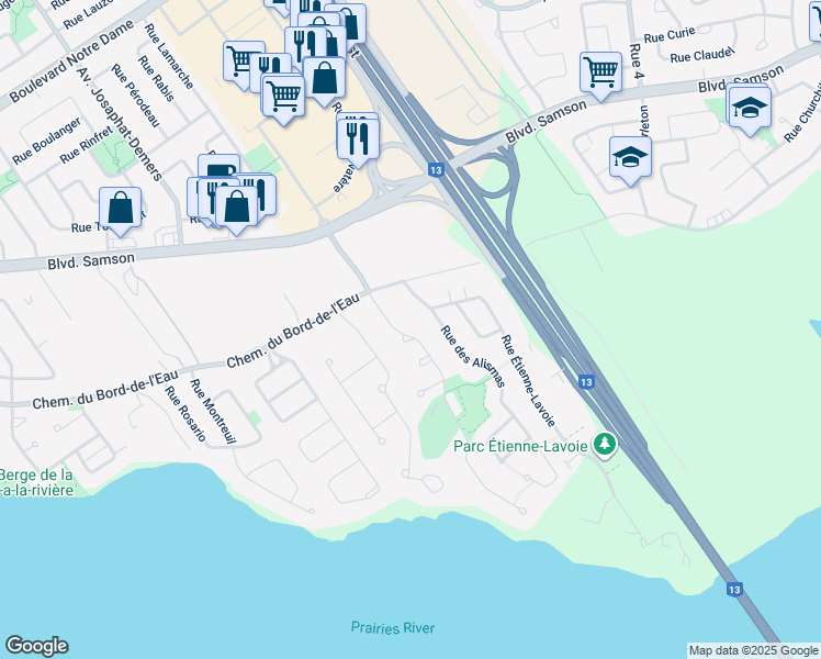 map of restaurants, bars, coffee shops, grocery stores, and more near 457 Rue des Roseaux in Laval