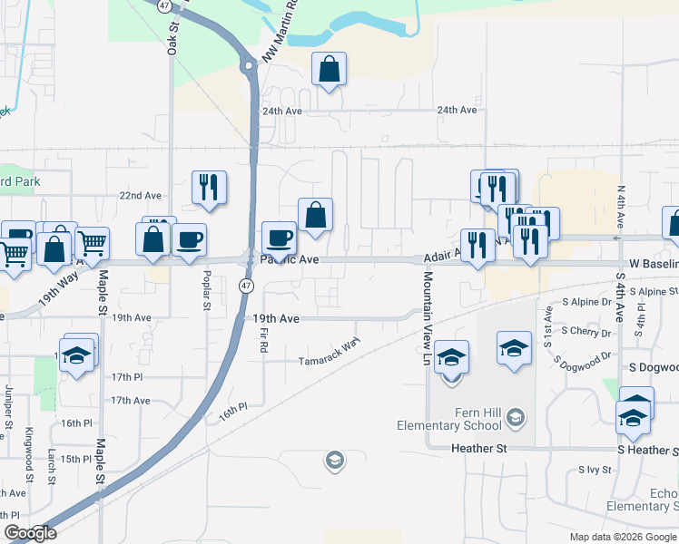map of restaurants, bars, coffee shops, grocery stores, and more near 3802 Pacific Avenue in Forest Grove