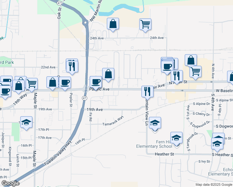 map of restaurants, bars, coffee shops, grocery stores, and more near 3802 Pacific Avenue in Forest Grove