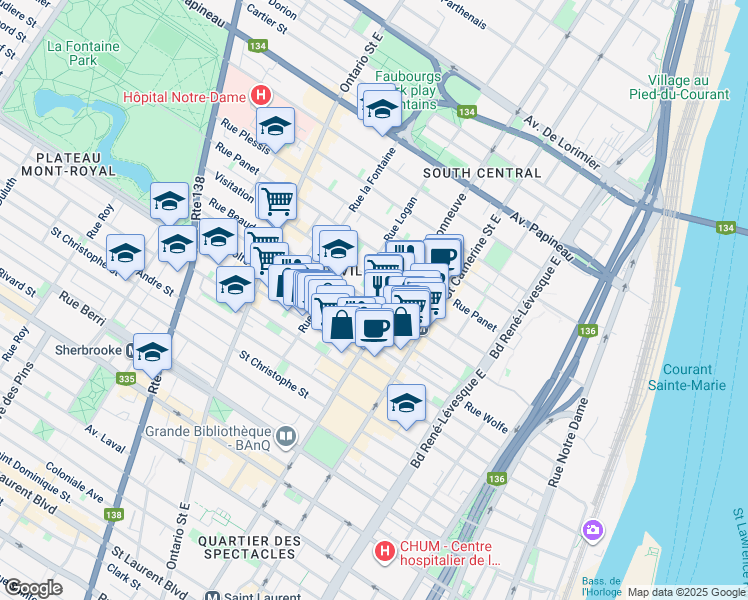 map of restaurants, bars, coffee shops, grocery stores, and more near 1595 Rue Beaudry in Montréal