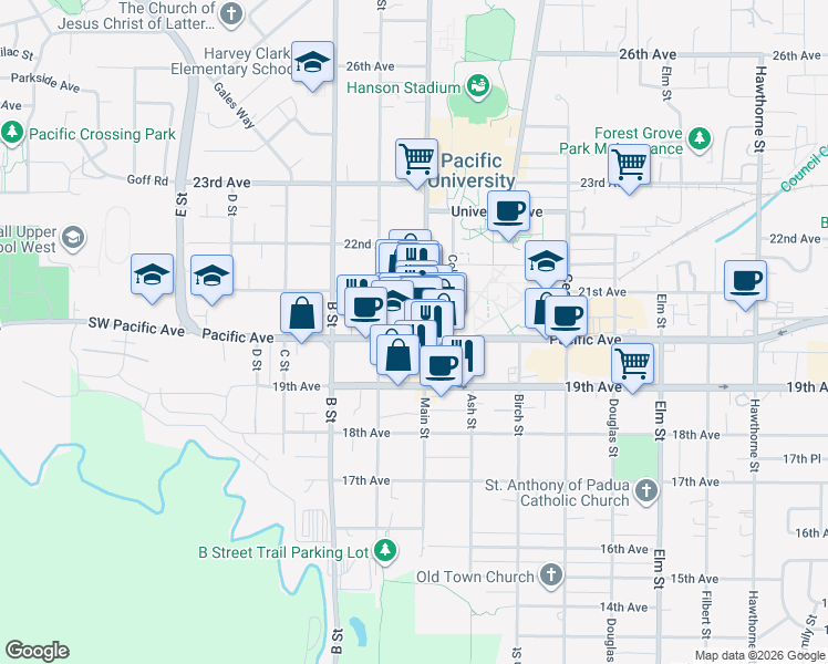 map of restaurants, bars, coffee shops, grocery stores, and more near 2030 Main Street in Forest Grove