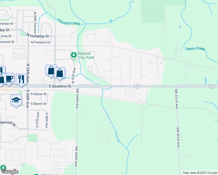 map of restaurants, bars, coffee shops, grocery stores, and more near 75 Northwest 341st Avenue in Hillsboro