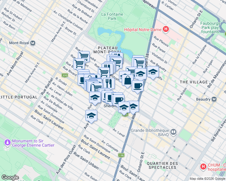 map of restaurants, bars, coffee shops, grocery stores, and more near 3717 Rue Berri in Montréal