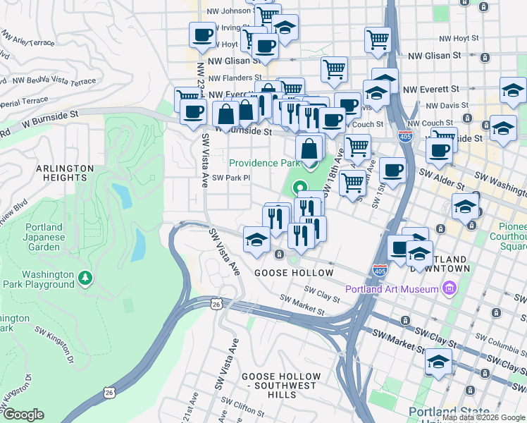 map of restaurants, bars, coffee shops, grocery stores, and more near 2030 Southwest Main Street in Portland