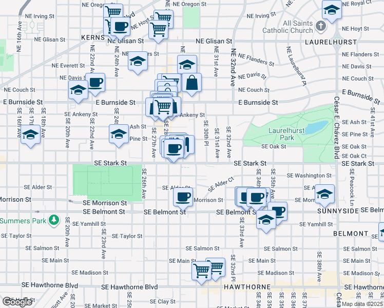 map of restaurants, bars, coffee shops, grocery stores, and more near in Portland