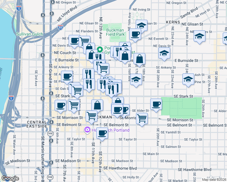 map of restaurants, bars, coffee shops, grocery stores, and more near 411 Southeast 14th Avenue in Portland