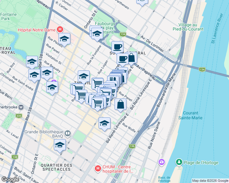 map of restaurants, bars, coffee shops, grocery stores, and more near 1331 Rue Sainte-Catherine Est in Montréal