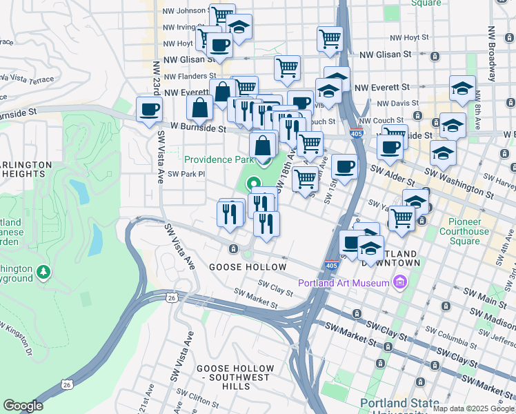 map of restaurants, bars, coffee shops, grocery stores, and more near 1015 Southwest 18th Avenue in Portland