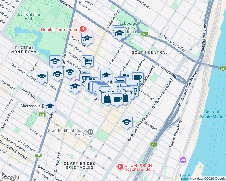 map of restaurants, bars, coffee shops, grocery stores, and more near 1632 Rue Beaudry in Montréal