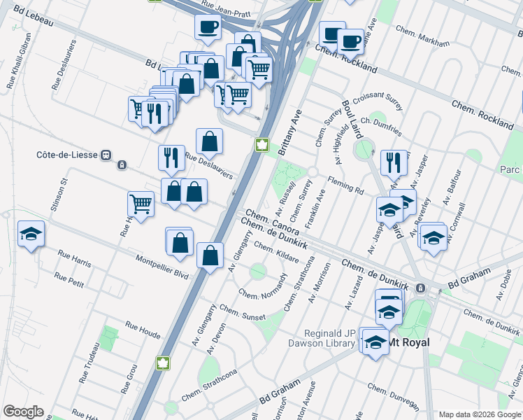map of restaurants, bars, coffee shops, grocery stores, and more near 6 Avenue Brittany in Mont-Royal