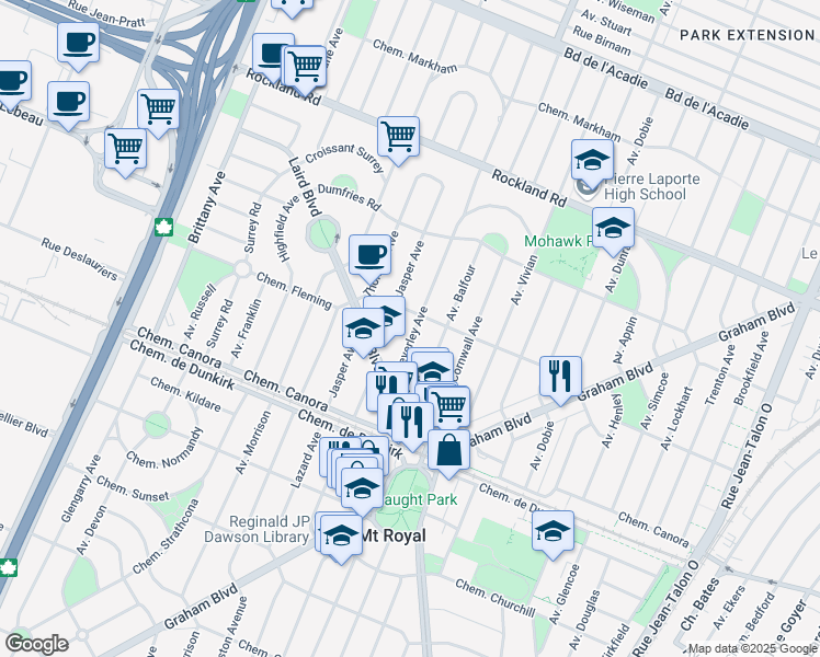 map of restaurants, bars, coffee shops, grocery stores, and more near 77 Beverley Avenue in Mount Royal