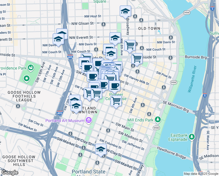 map of restaurants, bars, coffee shops, grocery stores, and more near 620 Southwest Park Avenue in Portland