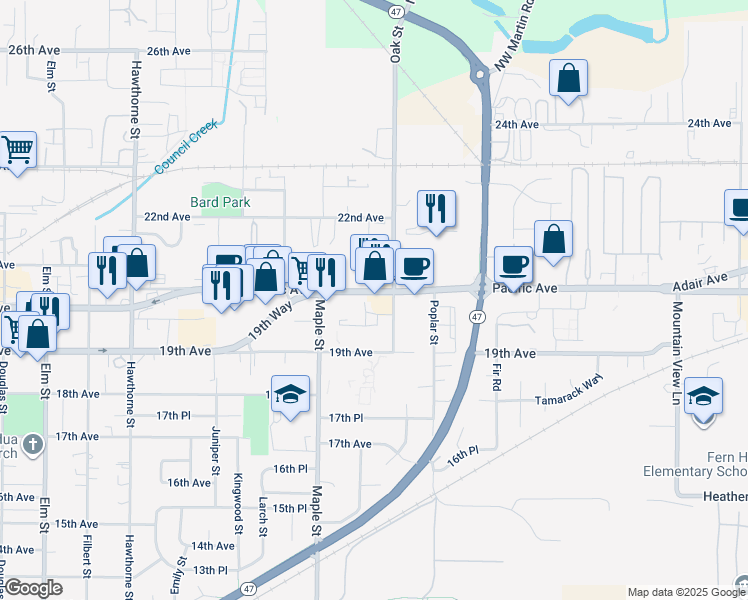 map of restaurants, bars, coffee shops, grocery stores, and more near 3331 Pacific Avenue in Forest Grove