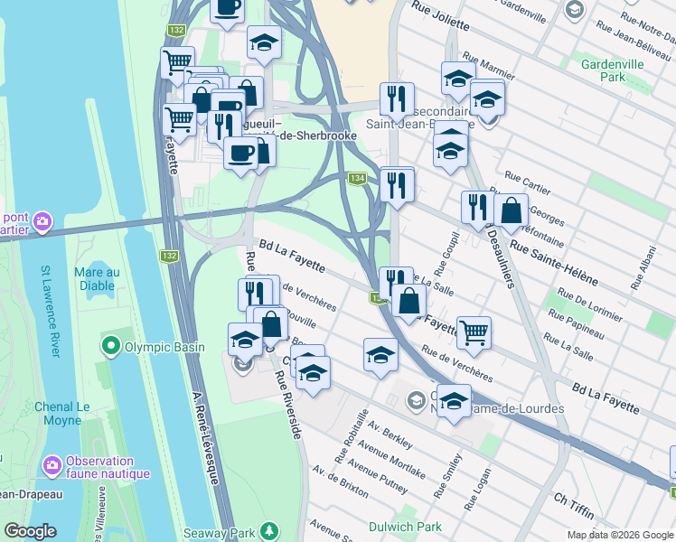map of restaurants, bars, coffee shops, grocery stores, and more near 287 Boulevard La Fayette in Longueuil