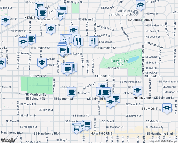 map of restaurants, bars, coffee shops, grocery stores, and more near 402 Southeast 31st Avenue in Portland