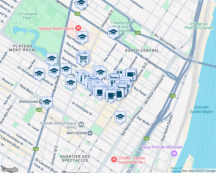 map of restaurants, bars, coffee shops, grocery stores, and more near 1624 Rue Beaudry in Montréal