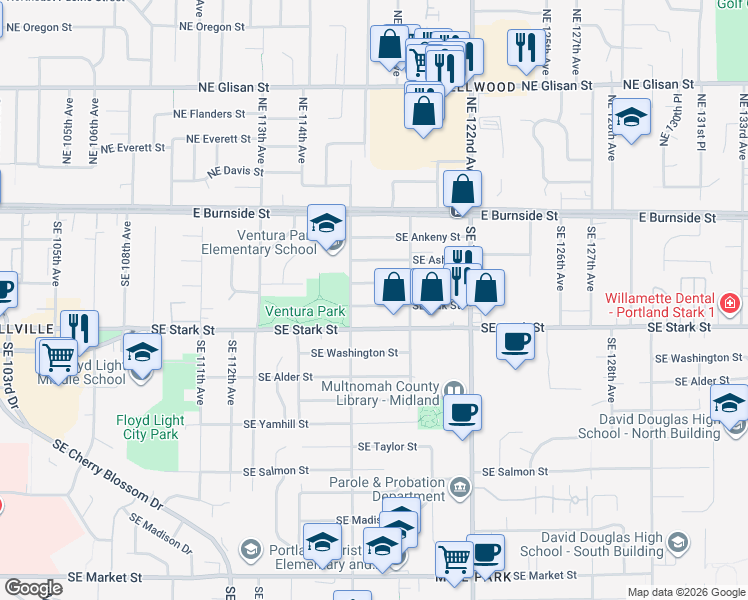 map of restaurants, bars, coffee shops, grocery stores, and more near 11751 Southeast Oak Street in Portland
