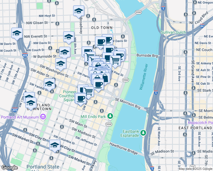 map of restaurants, bars, coffee shops, grocery stores, and more near 206 Southwest Harvey Milk Street in Portland