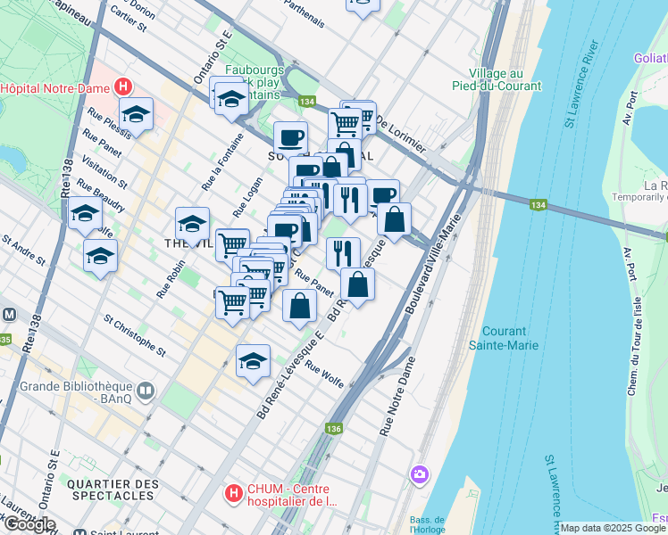 map of restaurants, bars, coffee shops, grocery stores, and more near 1201 Rue Plessis in Montréal