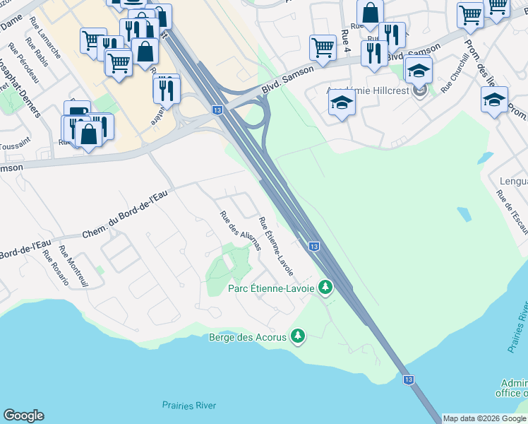 map of restaurants, bars, coffee shops, grocery stores, and more near 758 Rue Étienne-Lavoie in Laval