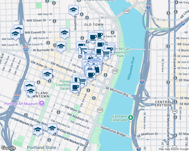 map of restaurants, bars, coffee shops, grocery stores, and more near 440 Southwest 3rd Avenue in Portland