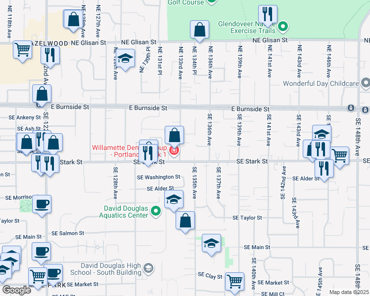 map of restaurants, bars, coffee shops, grocery stores, and more near 304 Southeast 133rd Avenue in Portland