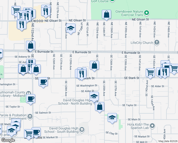 map of restaurants, bars, coffee shops, grocery stores, and more near 234 Southeast 132nd Avenue in Portland
