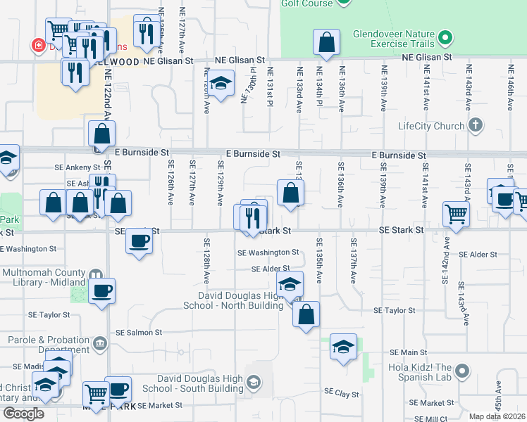 map of restaurants, bars, coffee shops, grocery stores, and more near 13035 Southeast Stark Street in Portland