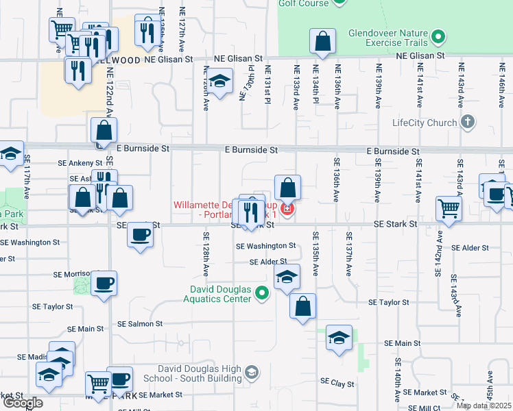 map of restaurants, bars, coffee shops, grocery stores, and more near 13035 Southeast Stark Street in Portland