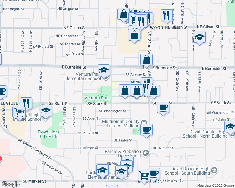 map of restaurants, bars, coffee shops, grocery stores, and more near 11721 Southeast Pine Street in Portland