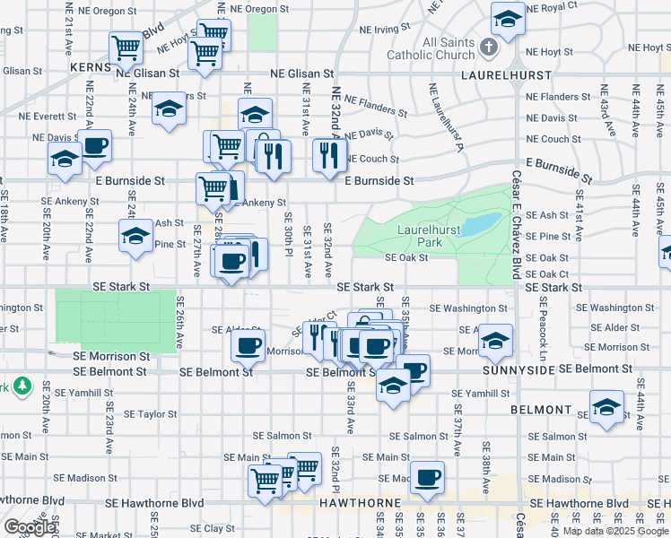 map of restaurants, bars, coffee shops, grocery stores, and more near 319 Southeast 33rd Avenue in Portland