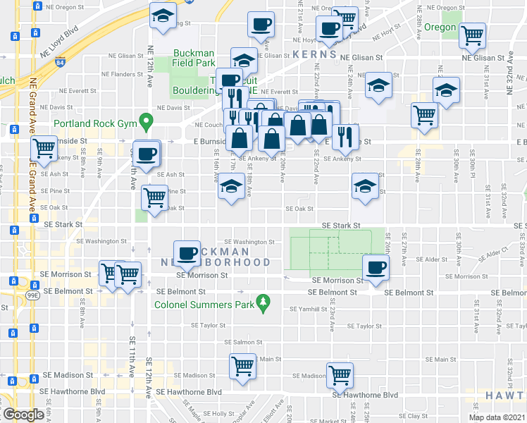 map of restaurants, bars, coffee shops, grocery stores, and more near 1912 Southeast Pine Street in Portland
