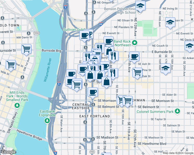 map of restaurants, bars, coffee shops, grocery stores, and more near in Portland