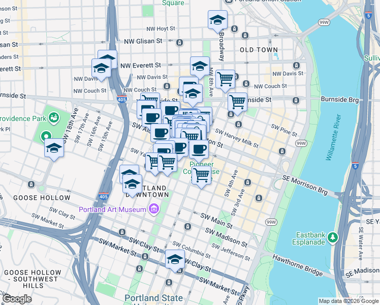 map of restaurants, bars, coffee shops, grocery stores, and more near 812 Southwest Washington Street in Portland