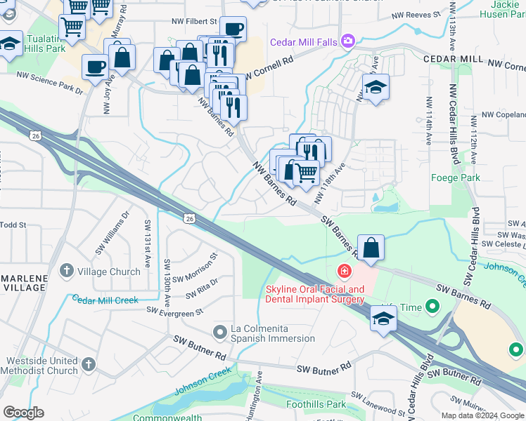 map of restaurants, bars, coffee shops, grocery stores, and more near 12220 Northwest Barnes Road in Portland