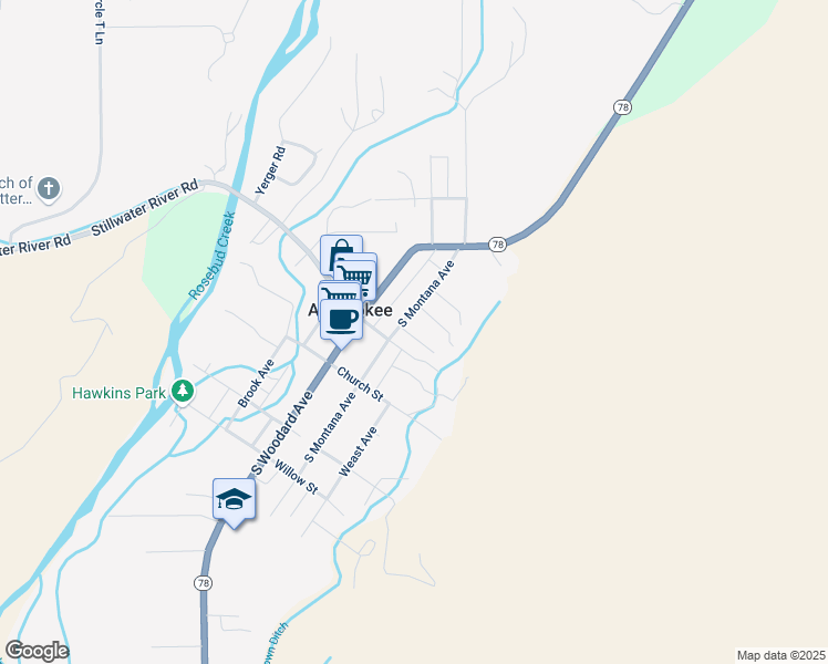 map of restaurants, bars, coffee shops, grocery stores, and more near in Absarokee