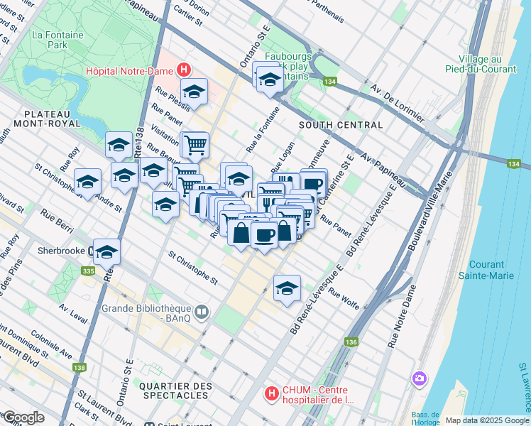 map of restaurants, bars, coffee shops, grocery stores, and more near 1595 Rue Beaudry in Montréal