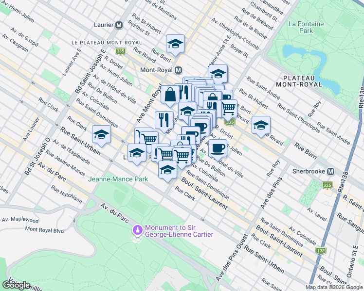 map of restaurants, bars, coffee shops, grocery stores, and more near 4251 Rue De Bullion in Montréal