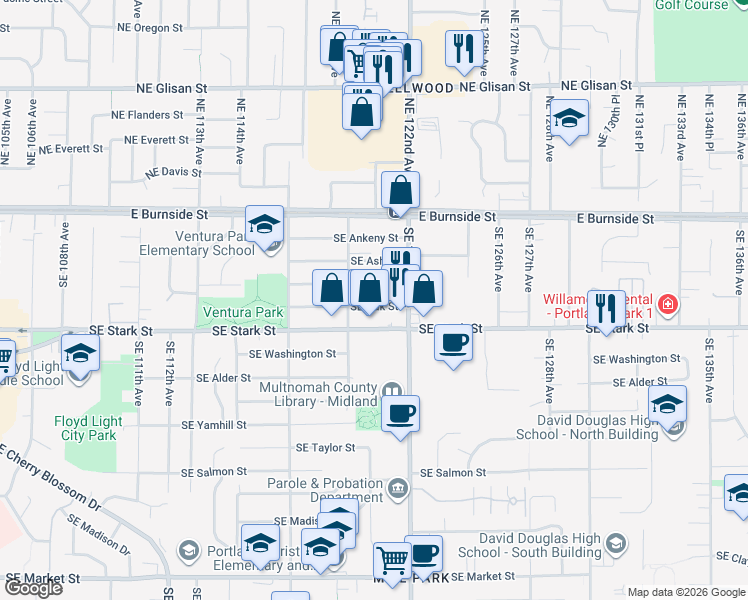 map of restaurants, bars, coffee shops, grocery stores, and more near 11929 Southeast Pine Street in Portland