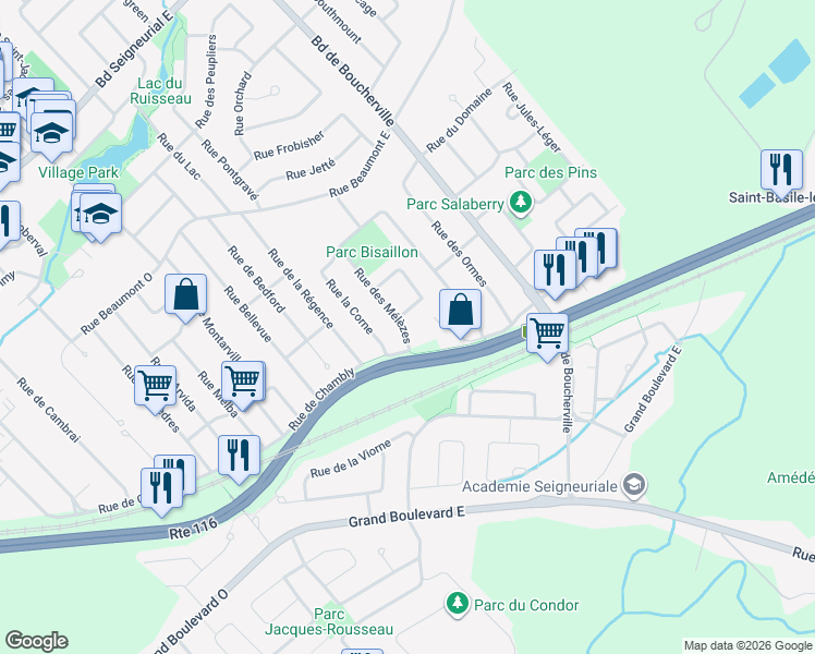 map of restaurants, bars, coffee shops, grocery stores, and more near 2064 Rue des Mélèzes in Saint-Bruno-de-Montarville